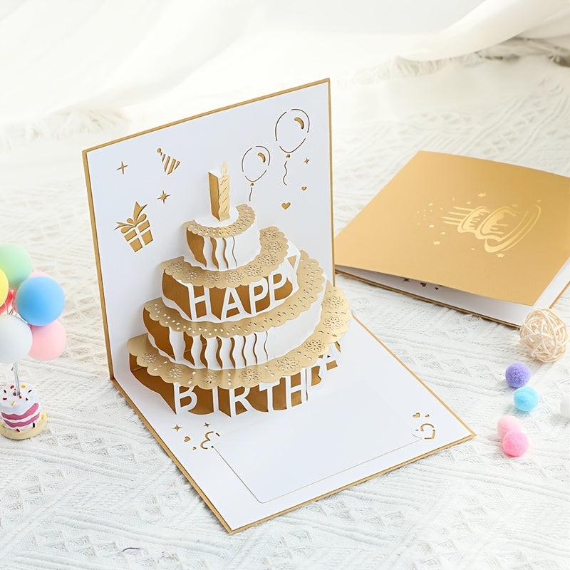 3D Happy Birthday Card Foldable Gift Blessing Cake Holiday Pop Up Greeting