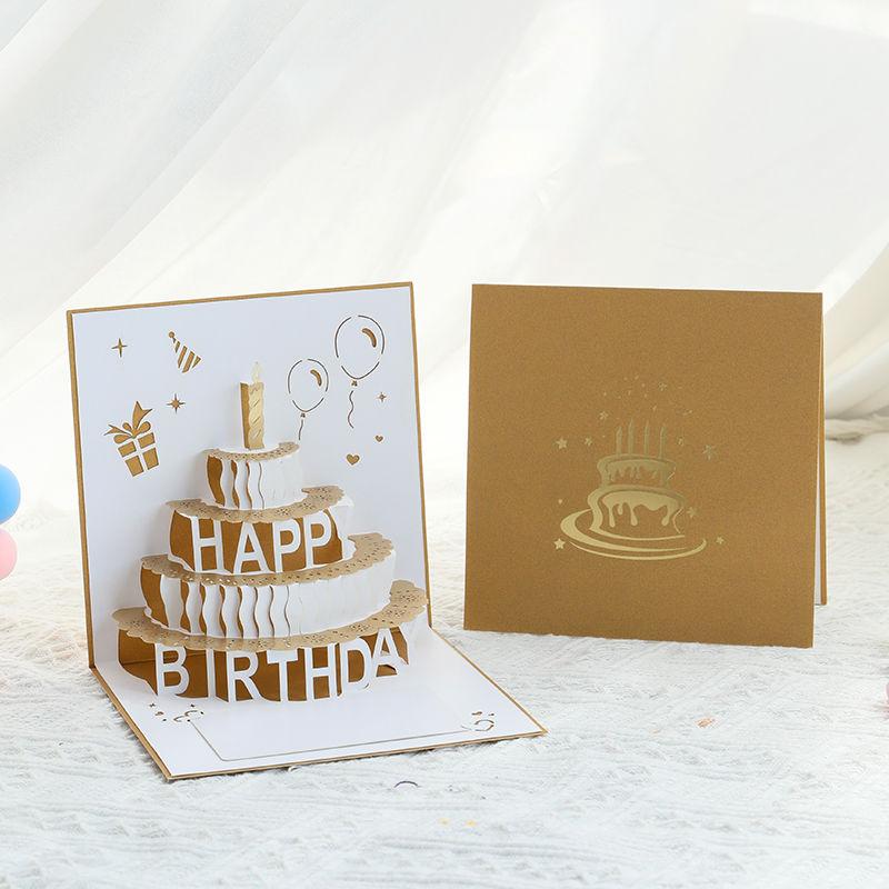 3D Happy Birthday Card Foldable Gift Blessing Cake Holiday Pop Up Greeting