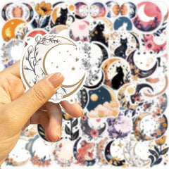 50 PCS Moon & Cat & Flower Stickers Waterproof Stickers