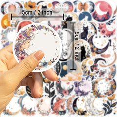 50 PCS Moon & Cat & Flower Stickers Waterproof Stickers