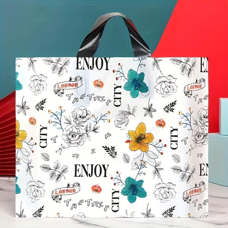 5pcs Flower Printed Plastic Tote Bags - British Style Party Favor Bags