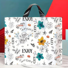 5pcs Flower Printed Plastic Tote Bags - British Style Party Favor Bags