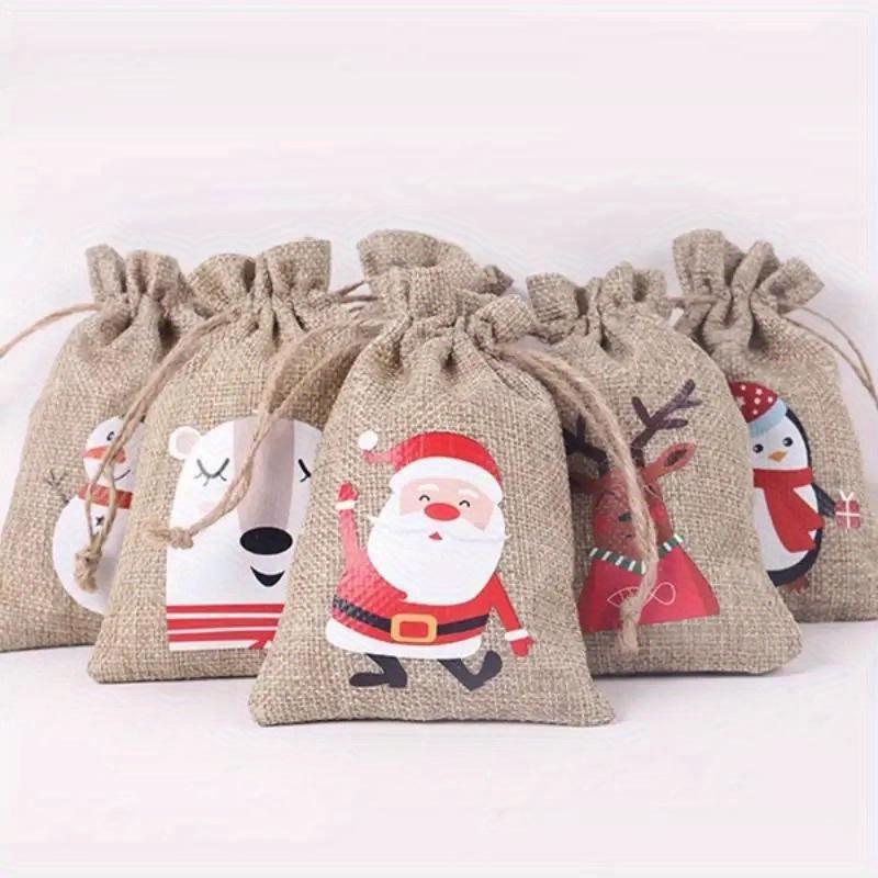 1pc Christmas Burlap Gift Bag Drawstring Christmas Favors Candy Bag Navidad