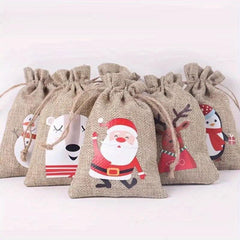 1pc Christmas Burlap Gift Bag Drawstring Christmas Favors Candy Bag Navidad