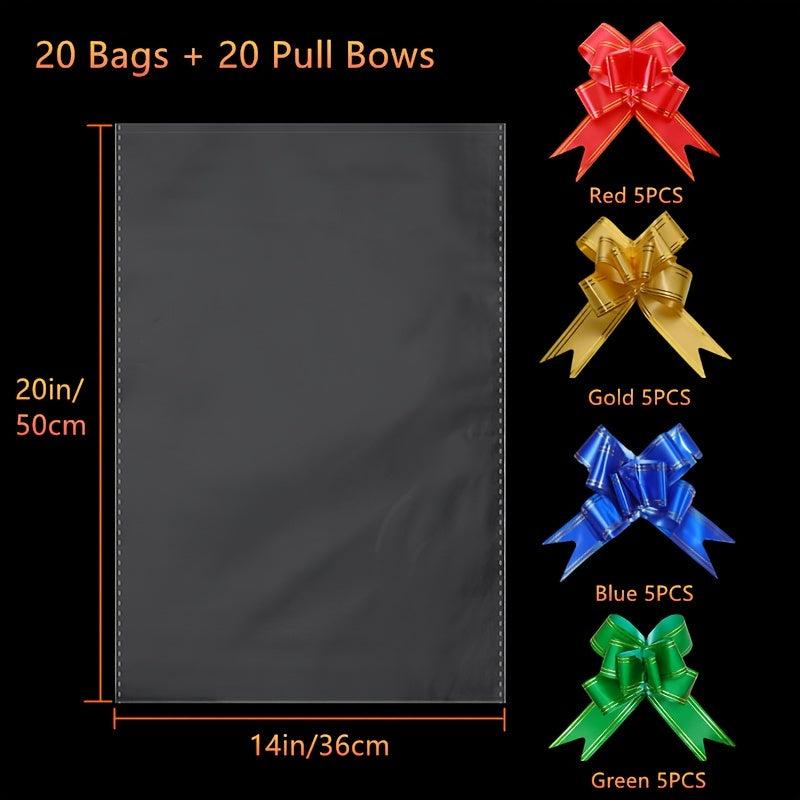 20pcs Clear Cello Bags & Pull Bows Set for Baskets - Holidays Packaging