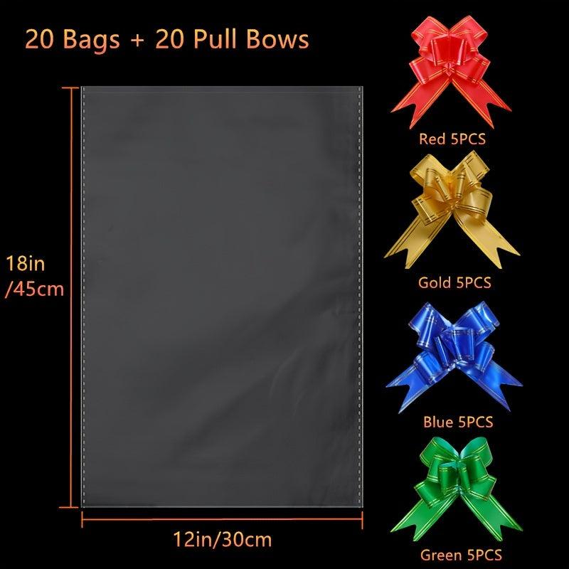 20pcs Clear Cello Bags & Pull Bows Set for Baskets - Holidays Packaging