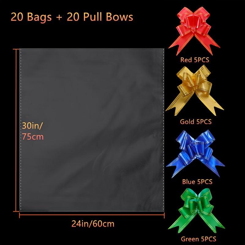 20pcs Clear Cello Bags & Pull Bows Set for Baskets - Holidays Packaging