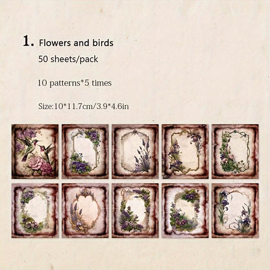 50 Sheets Vintage Scrapbook Paper Flowers & Birds Animals Decorative Supplies