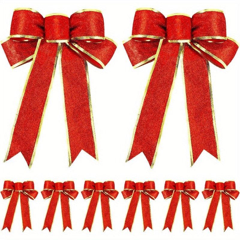 8pcs Glitter Christmas Tree Bow Ribbon Bows - Holiday Christmas Decor