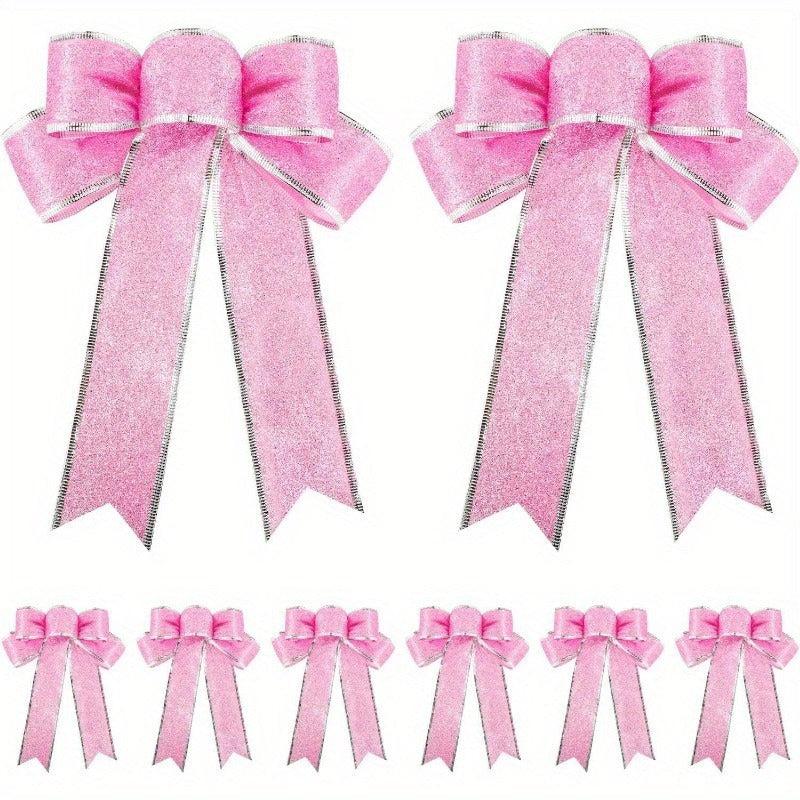 8pcs Glitter Christmas Tree Bow Ribbon Bows - Holiday Christmas Decor