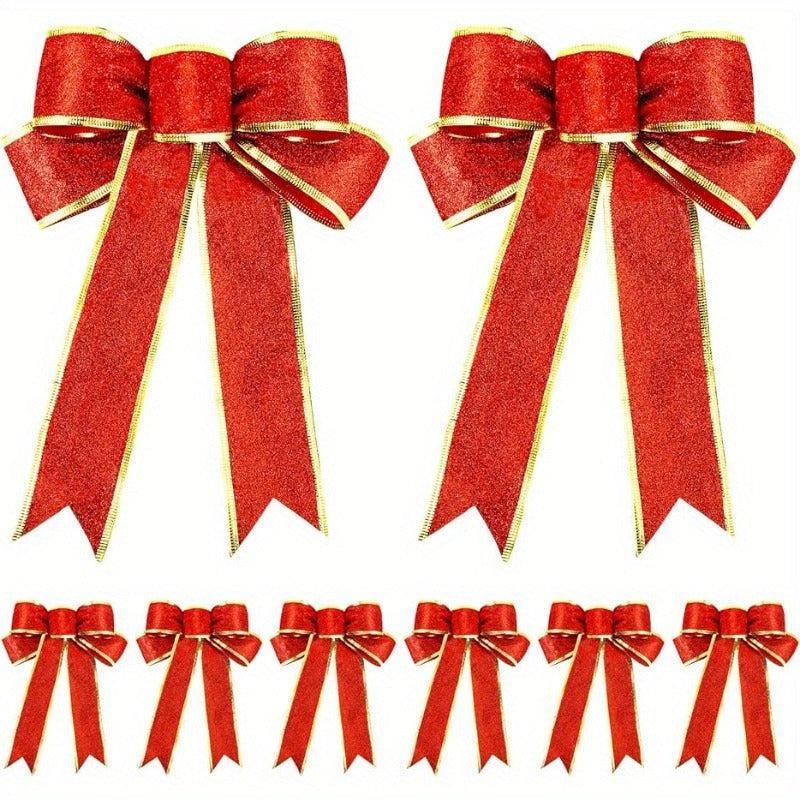 8pcs Glitter Christmas Tree Bow Ribbon Bows - Holiday Christmas Decor