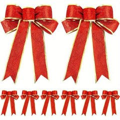 8pcs Glitter Christmas Tree Bow Ribbon Bows - Holiday Christmas Decor