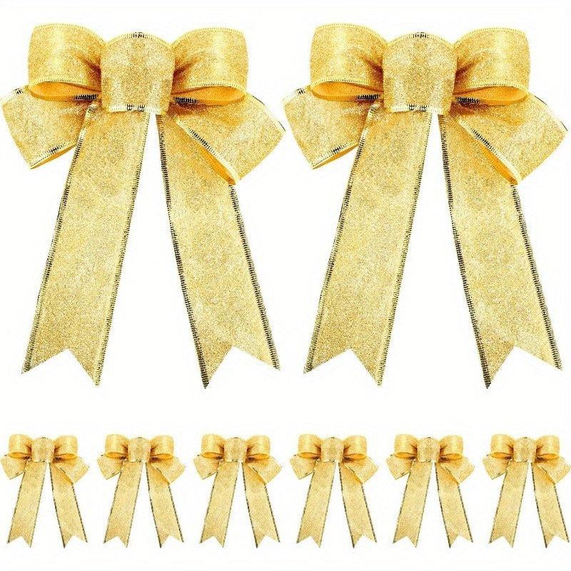 8pcs Glitter Christmas Tree Bow Ribbon Bows - Holiday Christmas Decor