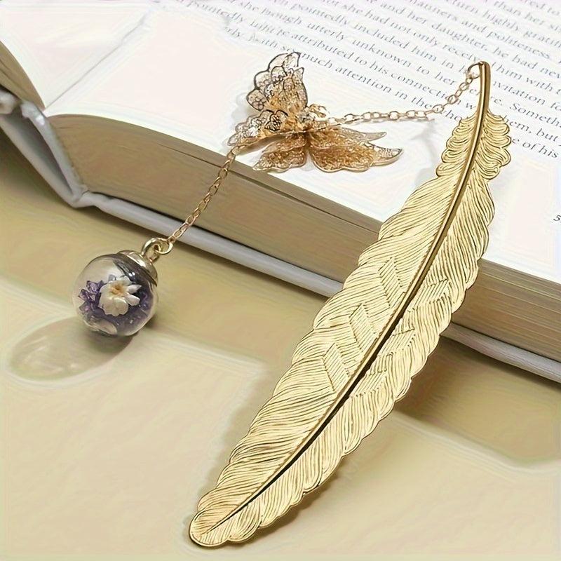 Vintage Bookmark Feather Butterfly Pendant Brass Book Mark School Office
