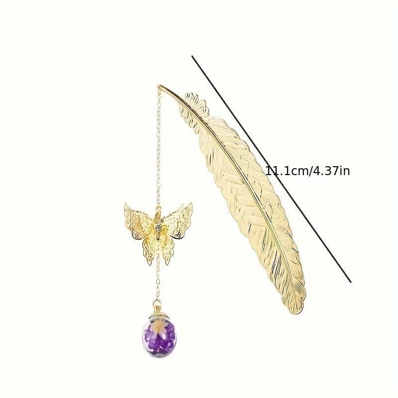 Vintage Bookmark Feather Butterfly Pendant Brass Book Mark School Office