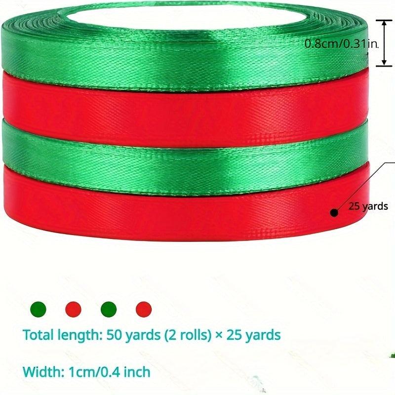 2 Rolls 10mm Wide Christmas Ribbon Red and Green Festive Satin Ribbon