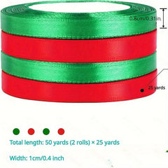 2 Rolls 10mm Wide Christmas Ribbon Red and Green Festive Satin Ribbon