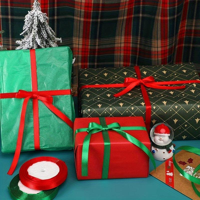 2 Rolls 10mm Wide Christmas Ribbon Red and Green Festive Satin Ribbon