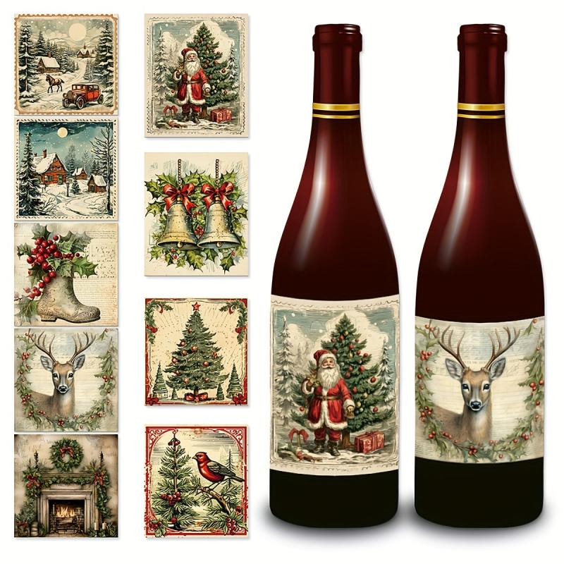 Retro Christmas Wine Bottle Stickers - Set of 9 Sheets