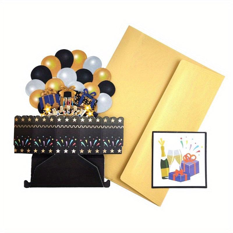 Pop Up Birthday Card with Golden Balloons and Cake, Notes and Envelopes