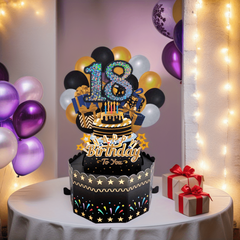 Pop Up Birthday Card with Golden Balloons and Cake, Notes and Envelopes