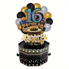 Pop Up Birthday Card with Golden Balloons and Cake, Notes and Envelopes