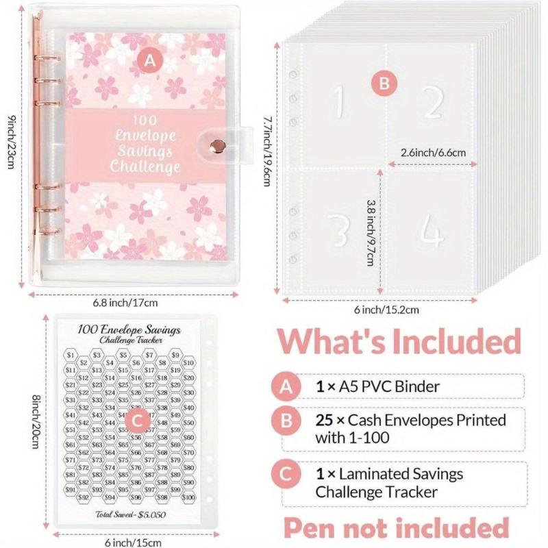 100 Envelope Money Saving Challenge Binder w/ Laminated Tracking Paper & Pockets