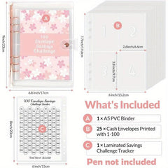 100 Envelope Money Saving Challenge Binder w/ Laminated Tracking Paper & Pockets