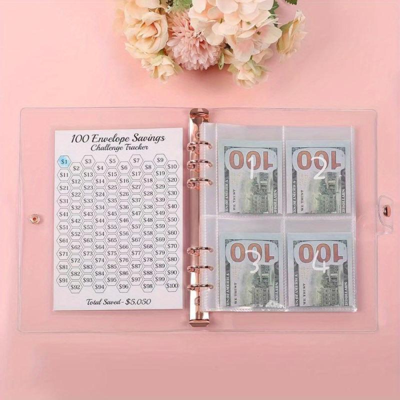 100 Envelope Money Saving Challenge Binder w/ Laminated Tracking Paper & Pockets