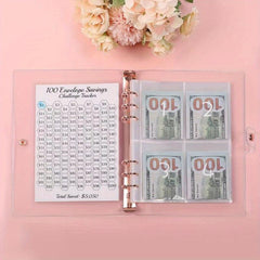 100 Envelope Money Saving Challenge Binder w/ Laminated Tracking Paper & Pockets