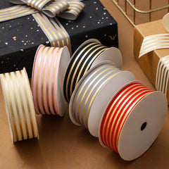 9m Bronzing Webbing 1in Satin Ribbon Golden Striped Ribbon Bag Bow Ribbon