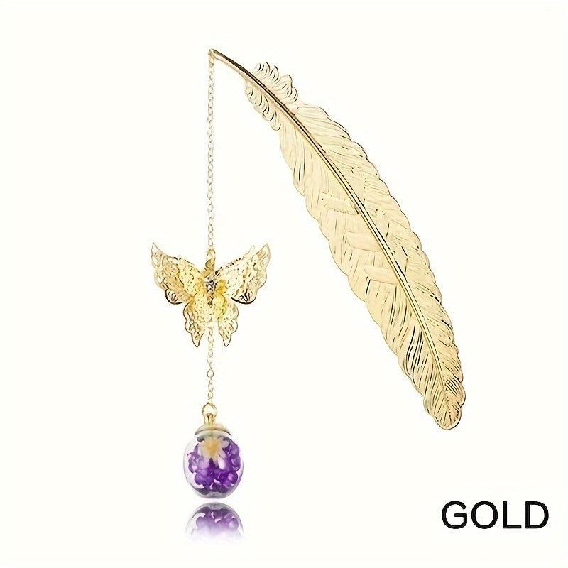 Vintage Feather Butterfly Bookmark Pendant Brass Book Mark Stationery