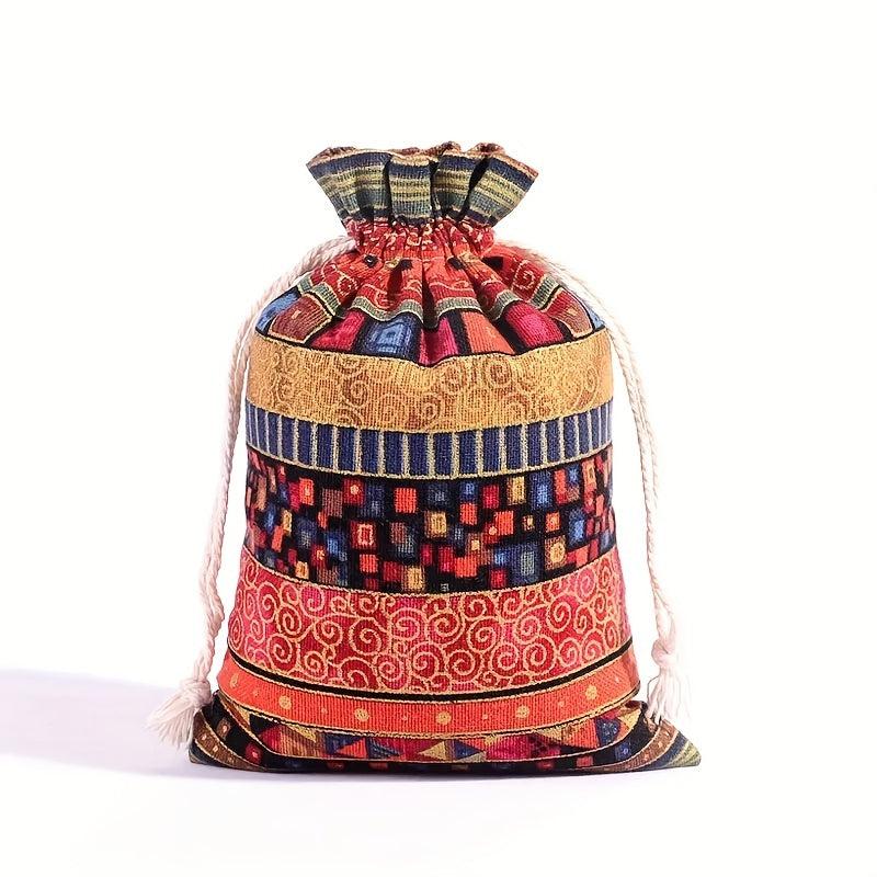1pc Linen Gift Bags Drawstring Egyptian Pattern Burlap Bag