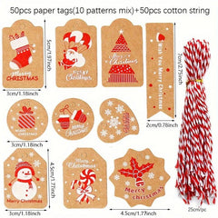 50pcs Christmas Gift Packaging Label & Rope Decoration