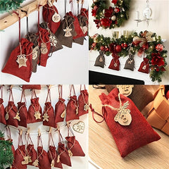 24pcs Christmas Burlap Drawstring Bag Gift Set with Countdown Number Pendant