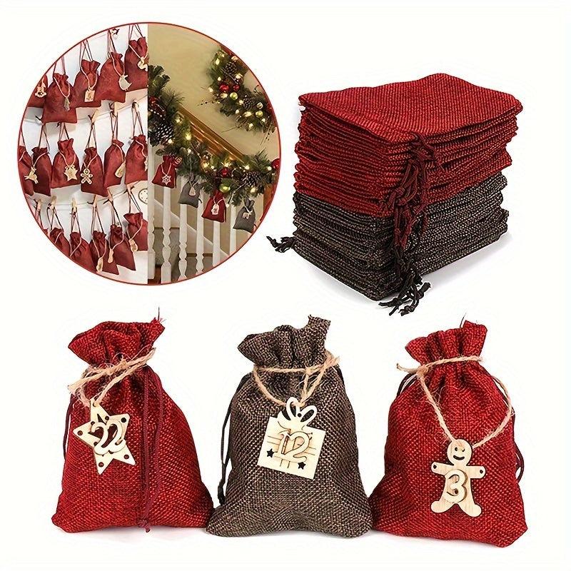24pcs Christmas Burlap Drawstring Bag Gift Set with Countdown Number Pendant