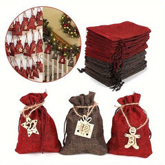 24pcs Christmas Burlap Drawstring Bag Gift Set with Countdown Number Pendant