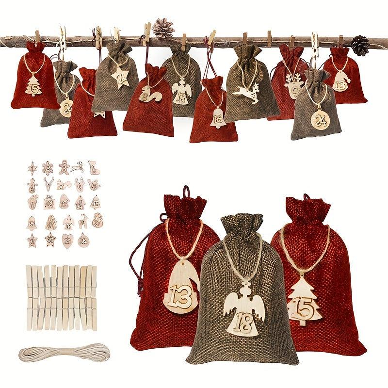 24pcs Christmas Burlap Drawstring Bag Gift Set with Countdown Number Pendant