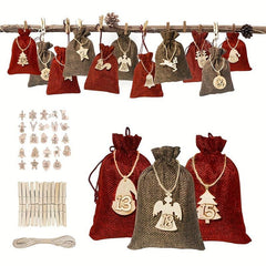 24pcs Christmas Burlap Drawstring Bag Gift Set with Countdown Number Pendant