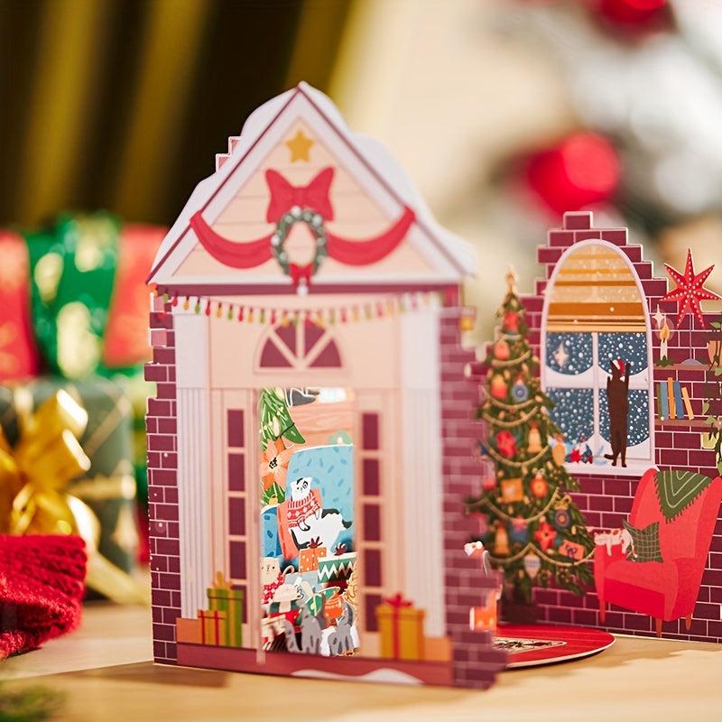 1pc Merry Christmas Pop Up Card Cat Party Greeting Card Holiday Paper Carved