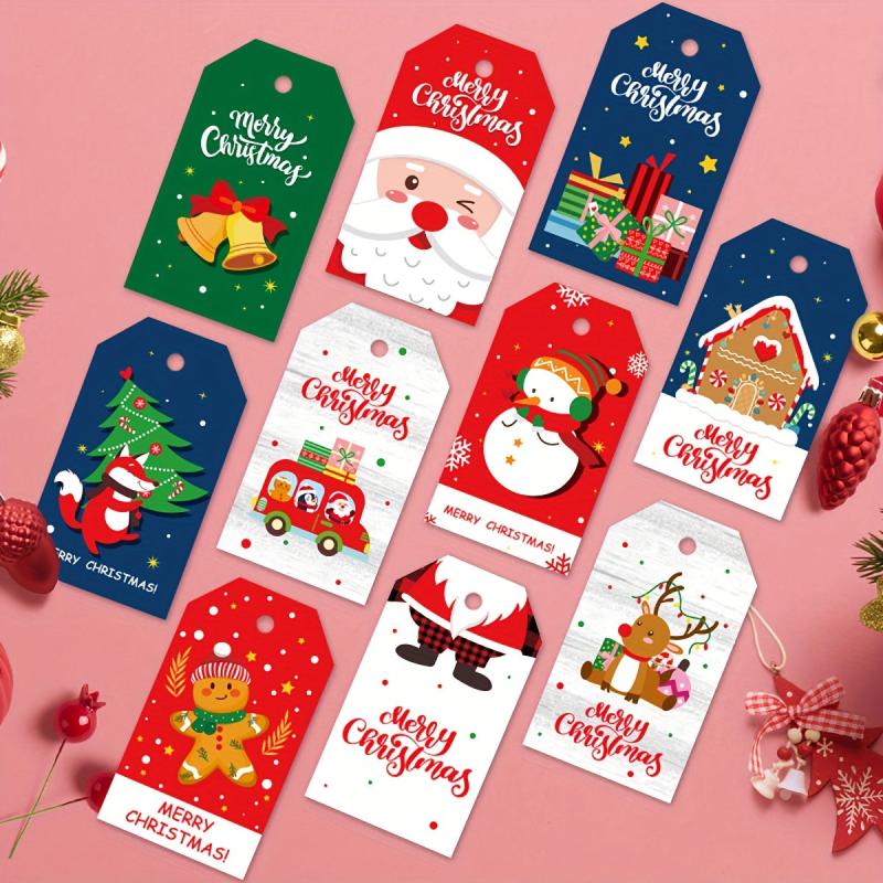 50pcs Creative Cartoon Christmas Gift Labels & Rope Merry Christmas Hang Tags