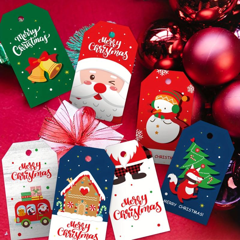 50pcs Creative Cartoon Christmas Gift Labels & Rope Merry Christmas Hang Tags