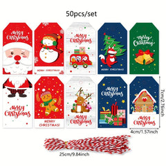 50pcs Creative Cartoon Christmas Gift Labels & Rope Merry Christmas Hang Tags