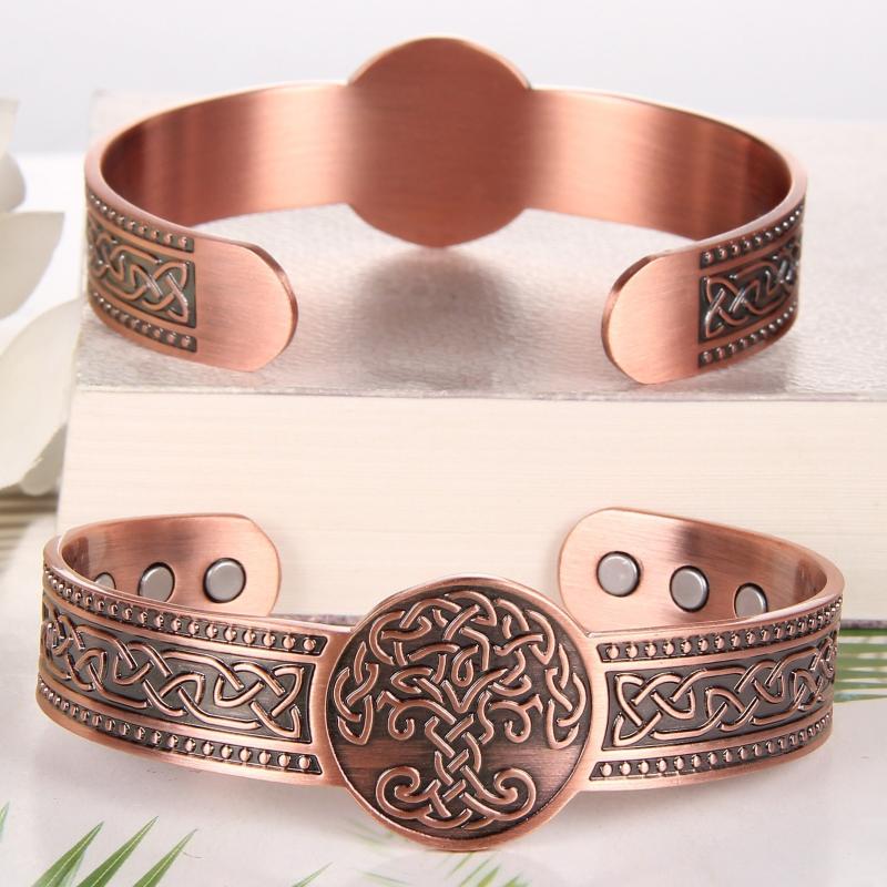 Men's Copper Magnetic Cuff Bracelet 3500 Gauss Adjustable Tree of Life Bangle