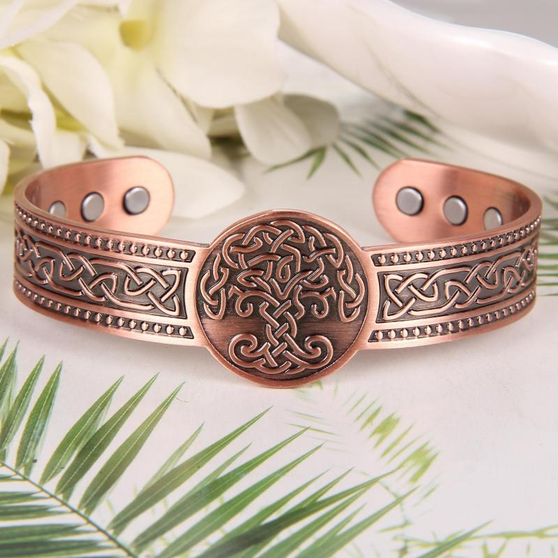 Men's Copper Magnetic Cuff Bracelet 3500 Gauss Adjustable Tree of Life Bangle