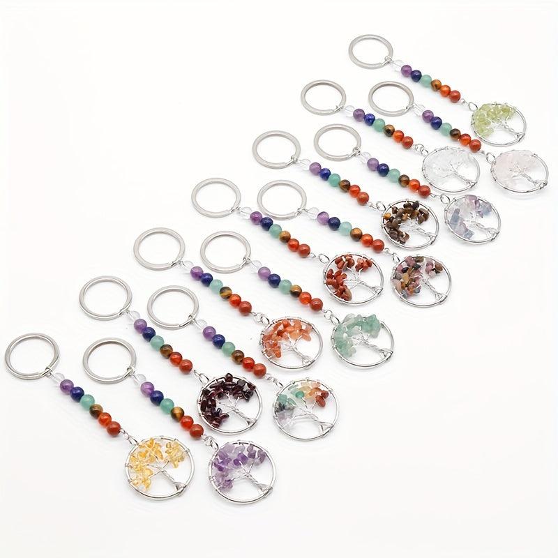 Natural Crystal Seven Stone Life Tree Key Chain Bag Pendant