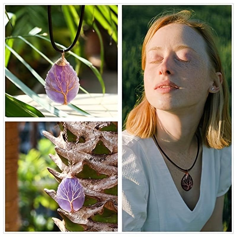 Tree Of Life Teardrop Amethyst Opal Pendant Necklace