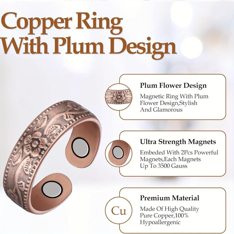 2Pcs Copper Magnetic Ring Lymphatic Drainage Vintage Flower Gift