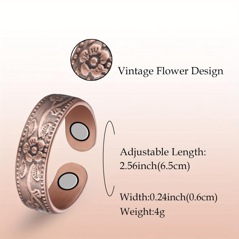 2Pcs Copper Magnetic Ring Lymphatic Drainage Vintage Flower Gift