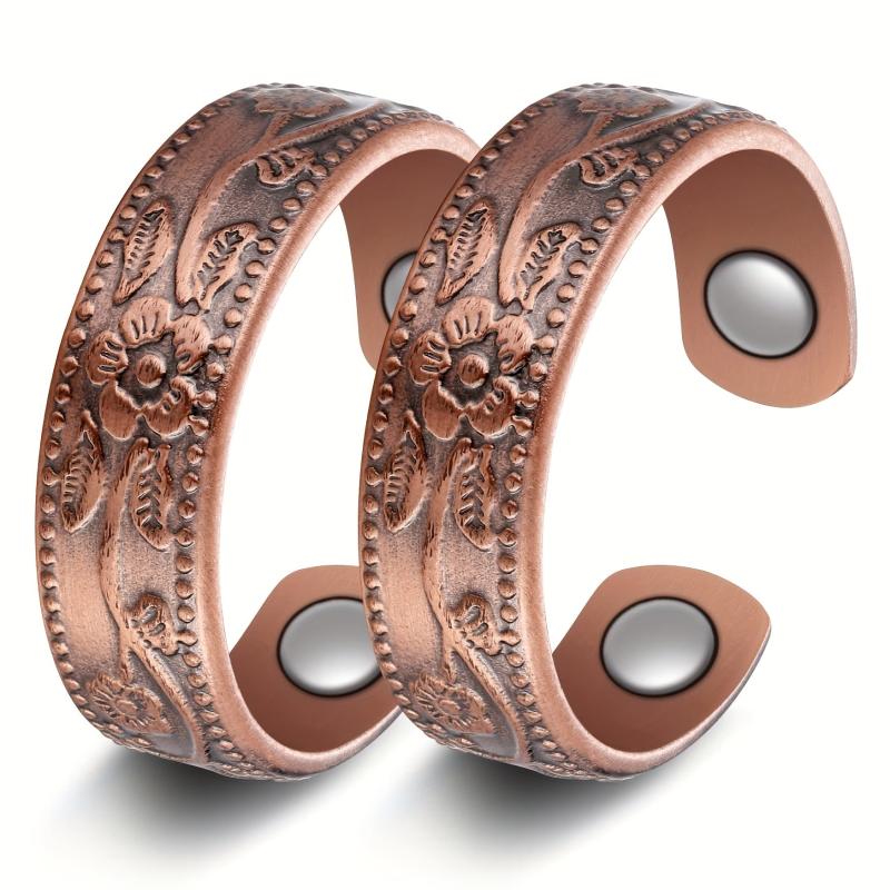 2Pcs Copper Magnetic Ring Lymphatic Drainage Vintage Flower Gift